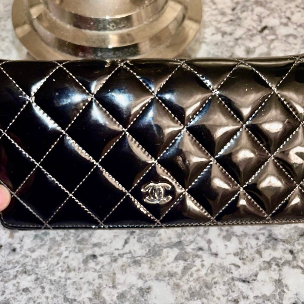 Authentic CHANEL Patent Black Quilted Wallet on Chain